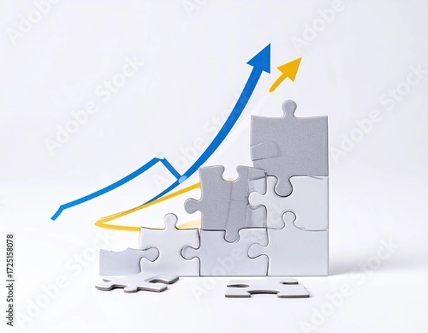 Fototapeta Ascending graph lines over a stack of gray and white jigsaw pieces