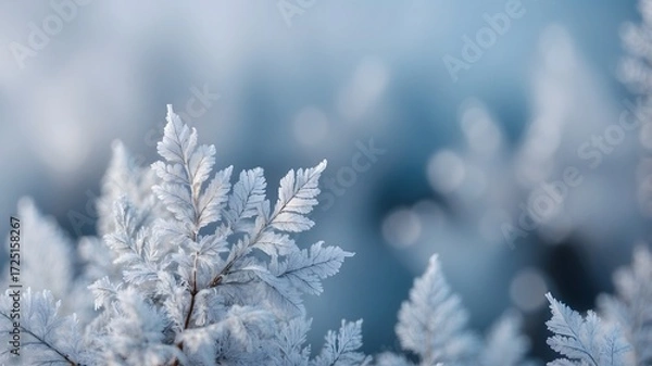 Obraz Frozen winter leaves covered with frost crystals in soft blue light, macro close up of icy nature background, cold season minimal wallpaper for elegant design and photography
