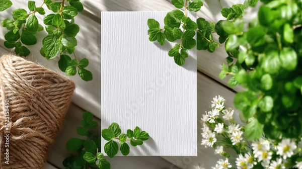 Fototapeta Blank card with fresh green leaves twine and delicate white flowers on rustic wood background natural light