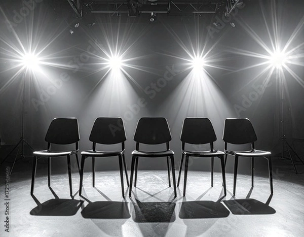 Fototapeta Empty black chairs in a dimly lit performance space, spotlighting the center