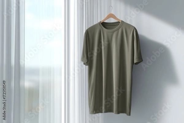 Fototapeta Minimalist Olive Green T-Shirt Hanging by a Bright Window
