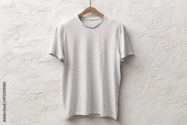 Fototapeta Simple White T-Shirt Hanging on Wall Background for Mockup Display