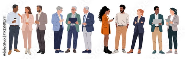 Fototapeta Different business team members standing, talking, communicating, taking part in business activities, meeting, brainstorming, coffee break. Multiracial people vector illustrations isolated