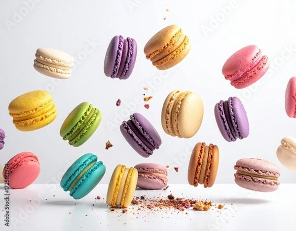 Fototapeta Colorful macarons in mid-air, scattered on a white surface