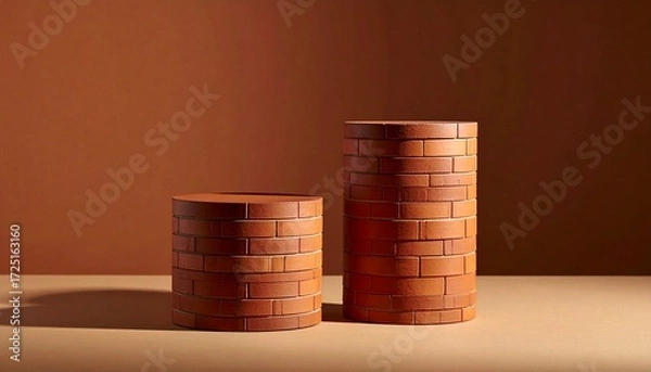 Fototapeta Two brick cylinders of different sizes on warm-toned surface.