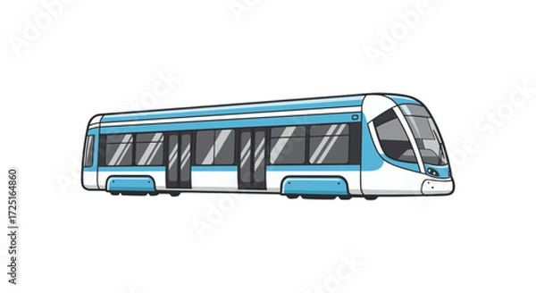 Fototapeta Illustration of a blue and white modern tram with visible windows and doors on a white background view