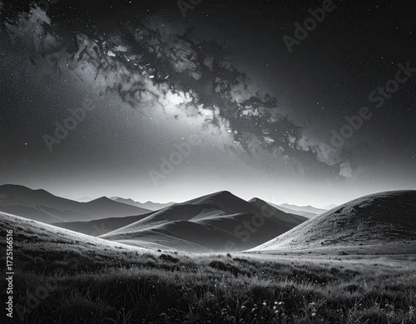 Fototapeta Grayscale landscape with a milky way.  Vast hills and grasslands under a night sky dotted with stars