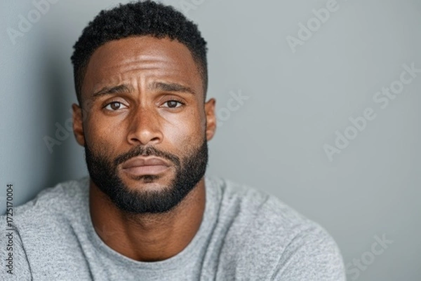 Fototapeta Close up portrait of a sad african american man looking at camera over grey background
