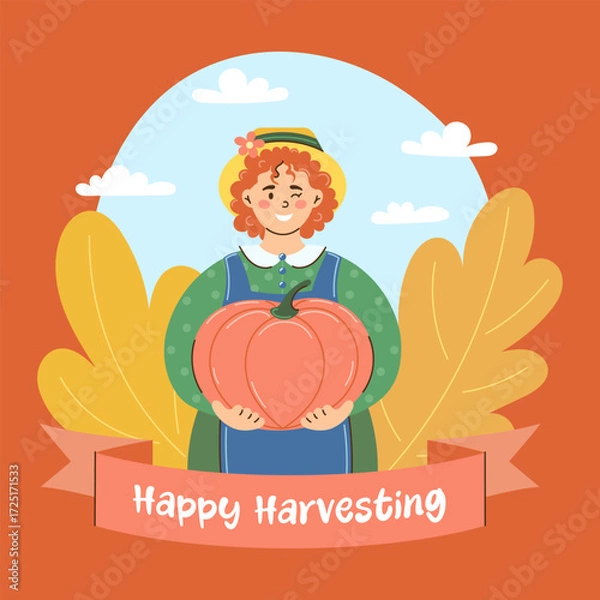 Fototapeta Curly red haired woman holding large pumpkin in her hands. Autumn and harvest concept. Frame with autumn leaves and the inscription Happy Harvest. Flat style vector illustration.
