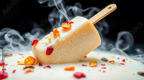 Fototapeta Delicious creamy kulfi popsicle garnished with vibrant flower petals and dry fruits, served with a frosty smoky effect, creating an artistic presentation of traditional Indian frozen dessert.