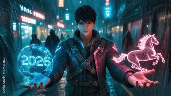 Fototapeta Techwear New Year Style Man with Cyberpunk 2026 Hologram and Neon Horse