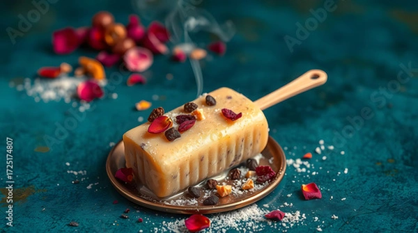 Fototapeta Traditional Indian kulfi on a light brown plastic stick, drizzled with sweet syrup, and garnished with dried berries, nuts, and red rose petals. The dessert rests on a small bronze plate .