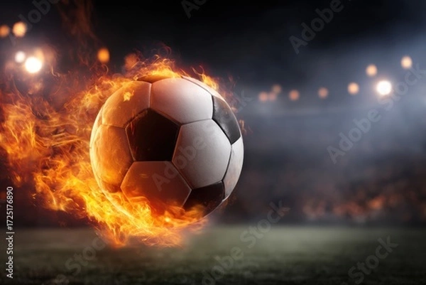 Fototapeta A soccer ball engulfed in flames soars through the air in a dramatic, illuminated stadium setting at night
