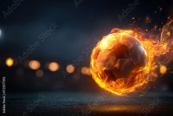 Fototapeta A soccer ball engulfed in dynamic flames speeds across a dark stadium, symbolizing energy, action, and excitement in sports
