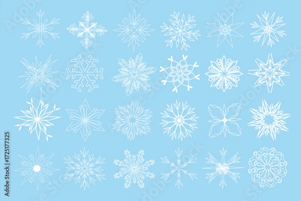 Fototapeta Realistic snowflakes Icons. Winter concept. Set of snowflakes on blue background. Snow, winter holidays. Vector illustration.