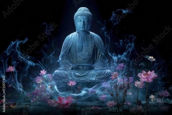 Fototapeta A serene Buddha statue sits in meditation, surrounded by mystical blue smoke and blooming pink lotus flowers on a dark background