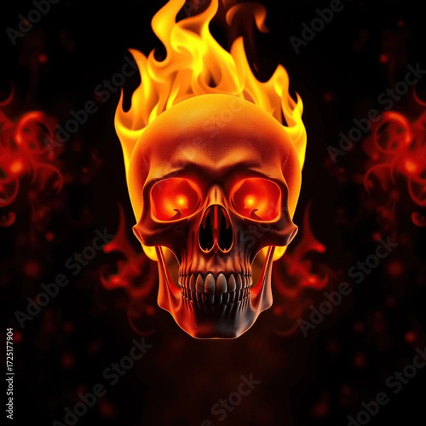 Fototapeta Fiery skull with glowing eyes and intense flames igniting from the head a powerful symbol of danger and intensity