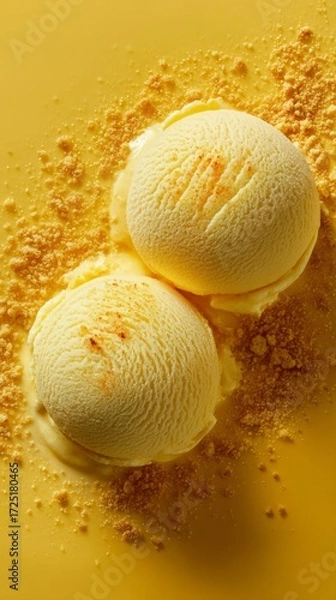 Fototapeta Two scoops of creamy yellow ice cream are beautifully placed on a bright background, enhanced with a sprinkle of crushed topping, creating an inviting dessert scene