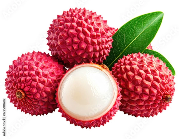 Obraz Close-up of three lychees, one halved, vibrant red-pink skin, and white flesh.  Fresh tropical fruit with green leaves