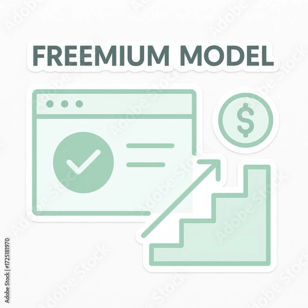 Fototapeta Digital representation of freemium model showcasing user engagement growth through a checkmark, dollar symbol, and ascending graph depicting revenue strategies in business technology
