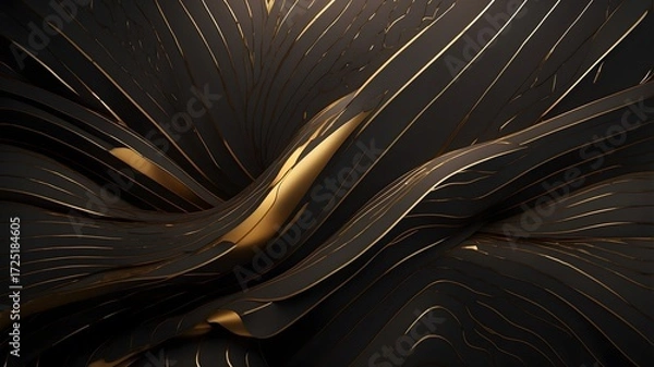 Fototapeta Black and gold abstract metallic landscape, futuristic 3d luxury surface, elegant geometric wave texture, premium dark design background
