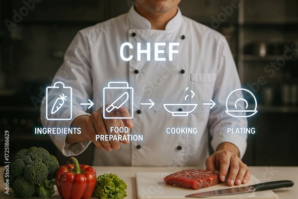 Fototapeta Chef touching holographic icon guide