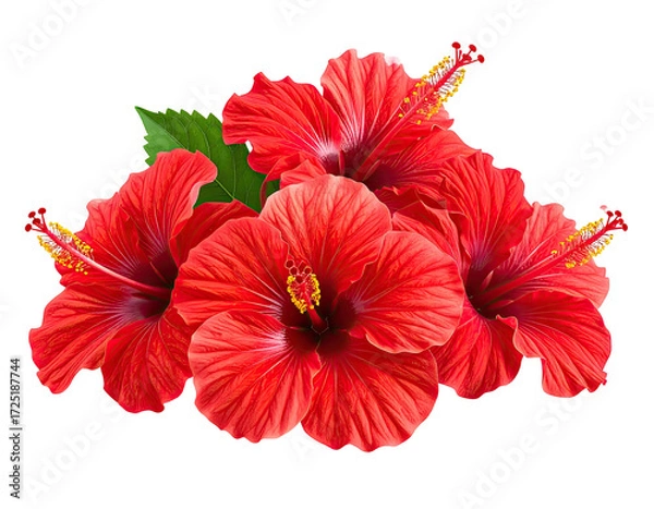 Obraz Close-up of vibrant red hibiscus blossoms with green leaves, isolated on black background