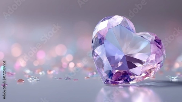 Fototapeta A faceted heart-shaped gemstone sparkles in pastel colors, surrounded by scattered small gems on a smooth reflective surface