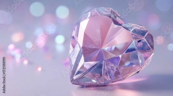 Fototapeta A faceted heart-shaped crystal gemstone sparkles with pastel reflections against a soft, dreamy background