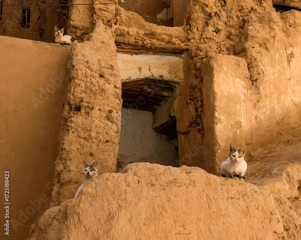 Fototapeta Stray cats in Old Walled City of Shibam, known for its mudbrick-made high-rise buildings, a world heritage site in Yemen