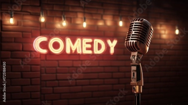Fototapeta A vintage microphone stands before a neon "COMEDY" sign on a brick wall, evoking the atmosphere of a stand-up comedy club