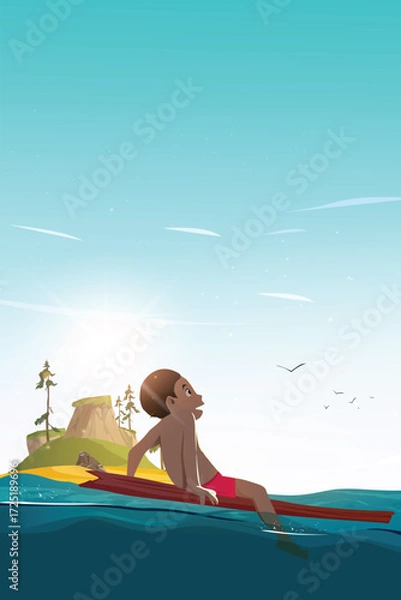 Obraz Illustration of Papua Island with a boy sitting on a surfboard