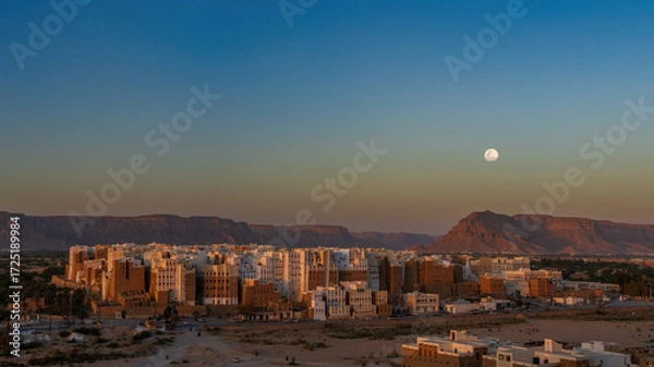 Fototapeta Night falls with full moon over Old Walled City of Shibam, known for its mudbrick-made high-rise buildings, a world heritage site in Yemen