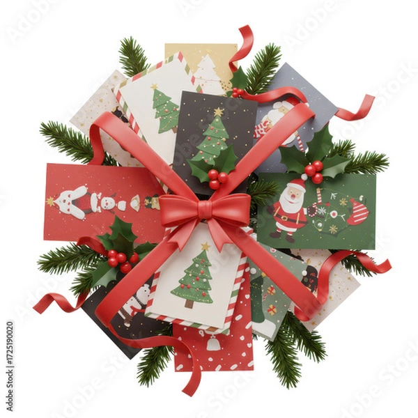 Fototapeta Christmas cards wrapped in a red ribbon festive holiday design