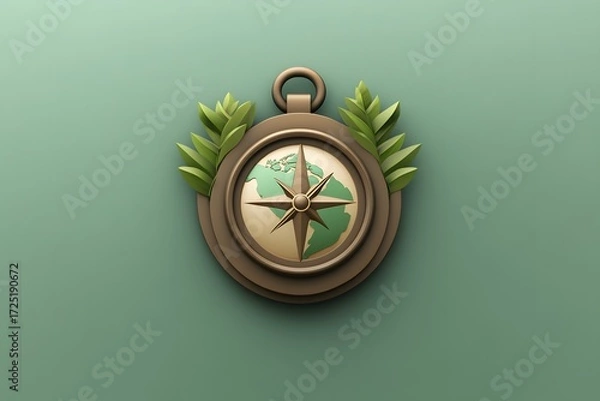 Fototapeta Compass with World Map and Green Leaves Illustration on Green Background