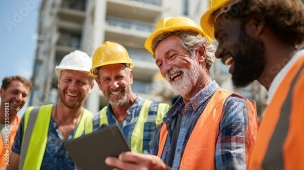 Fototapeta Diverse Team of Builders Smiling and Collaborating