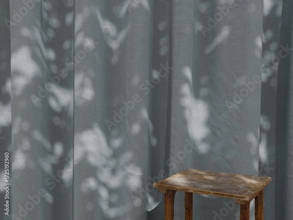 Fototapeta Wooden Table with Leaf Shadows on Slate Blue-Gray Curtain B