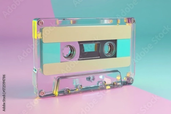 Fototapeta A transparent cassette tape is displayed on a pastel pink and blue background, evoking a retro and nostalgic aesthetic