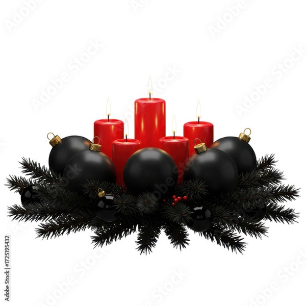 Fototapeta Christmas wreath with red candles and black ornaments decorative arrangement