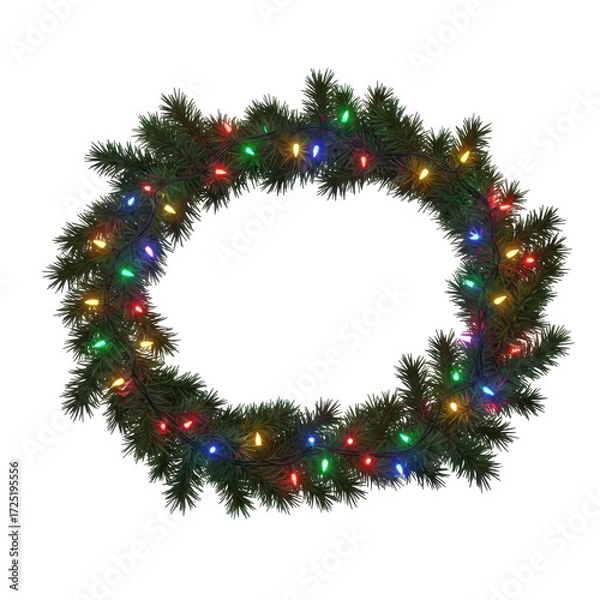 Fototapeta Circular christmas wreath with colorful lights and pine branches