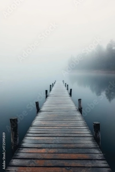 Fototapeta Serene Wooden Pier Extending Into a Misty Lake, Inviting Moments of Reflection and Contemplation