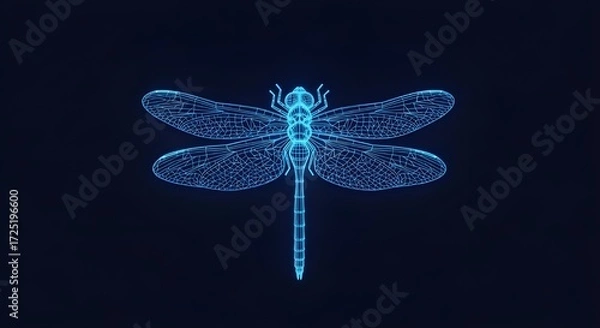 Fototapeta Blue Wireframe Dragonfly 3D Model on Dark Background insect
