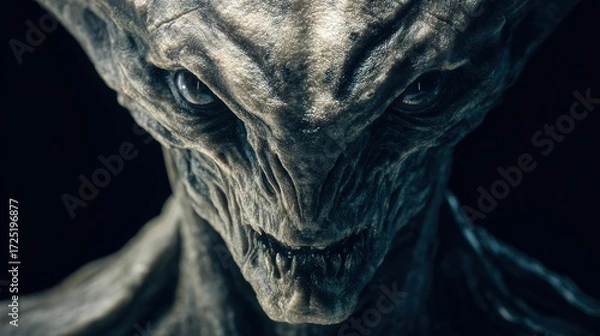 Fototapeta Terrifying alien creature with slimy textured skin and razor sharp teeth emerging from dark shadows in futuristic sci fi horror scene for Halloween themed. Terrifying extraterrestrial creature.