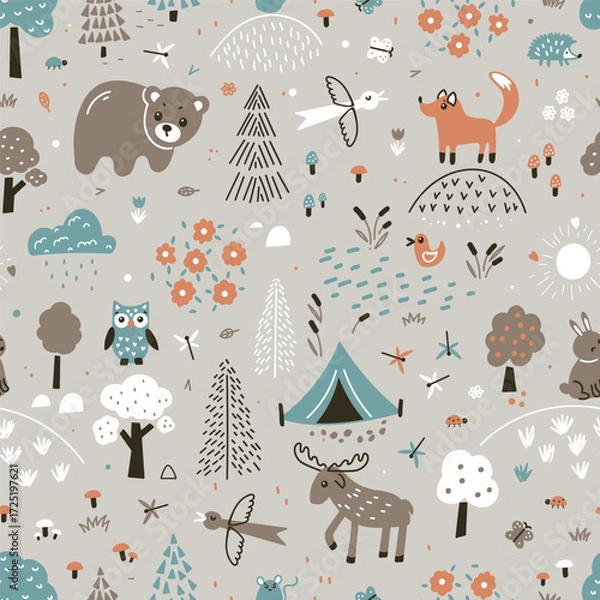 Fototapeta Cute Forest Animals. Wildlife Seamless Vector Pattern. Playful background with bear, fox, elk, and owl in woodland for kids room wallpaper and textile design