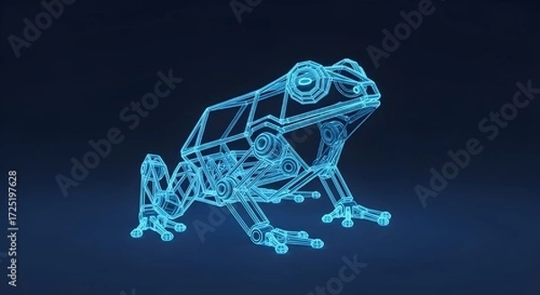 Fototapeta Blue wireframe robotic frog with glowing lines on dark background technology