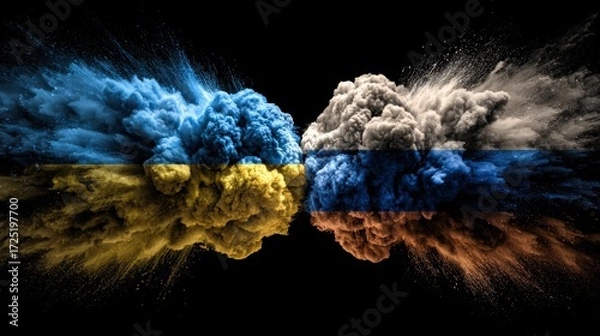 Fototapeta The flags of Ukraine and Russia with a smoke explosion in the middle, symbolizing the war between these countries. 