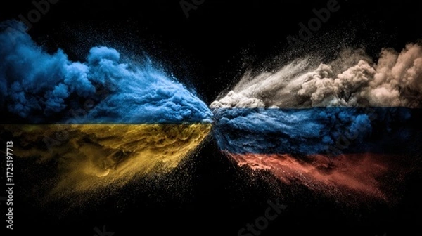 Fototapeta The flags of Ukraine and Russia with a smoke explosion in the middle, symbolizing the war between these countries. 