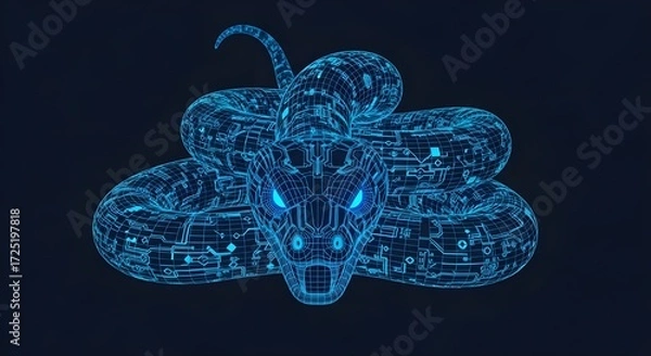 Fototapeta Close Up Neon Blue Wireframe Snake Head With Circuitry Details serpent reptile