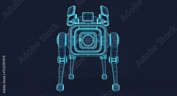Fototapeta Front View Blue Wireframe Robot Dog With Camera On Dark Background image photo