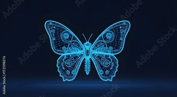 Fototapeta Mechanical Blue Wireframe Butterfly 3D Model on Dark Background insect